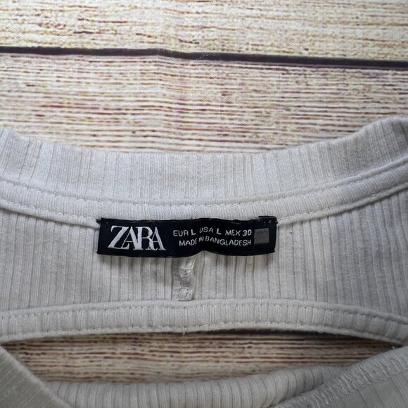 Zara White Ribbed Ruffle Dramatic Pleated Sleeve Crop‎ Top Blouse Size Large - Picture 3 of 6